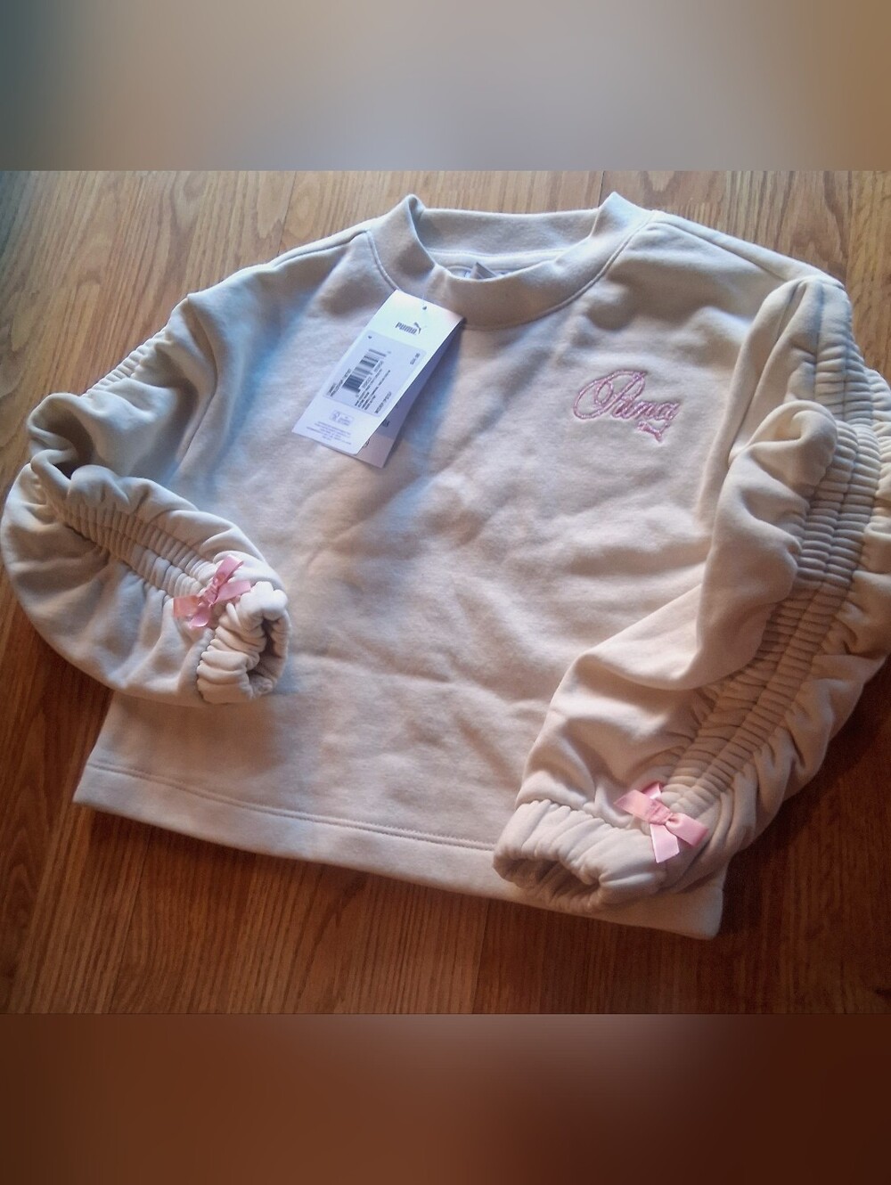 Puma Girls Cream Color Sweatshirt, Pink Sparkly chest Logo, Sz 5, 6 6X